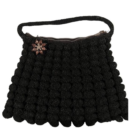 Vintage Crochet Zip Close, Small Handled Purse in Black with‎ Pink Flower Pin - Picture 1 of 4